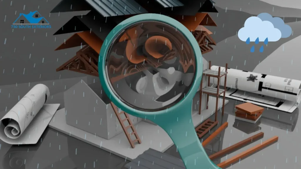 3d illustration of a metal roof divided into layers with magnifying lenses at the front after a storm