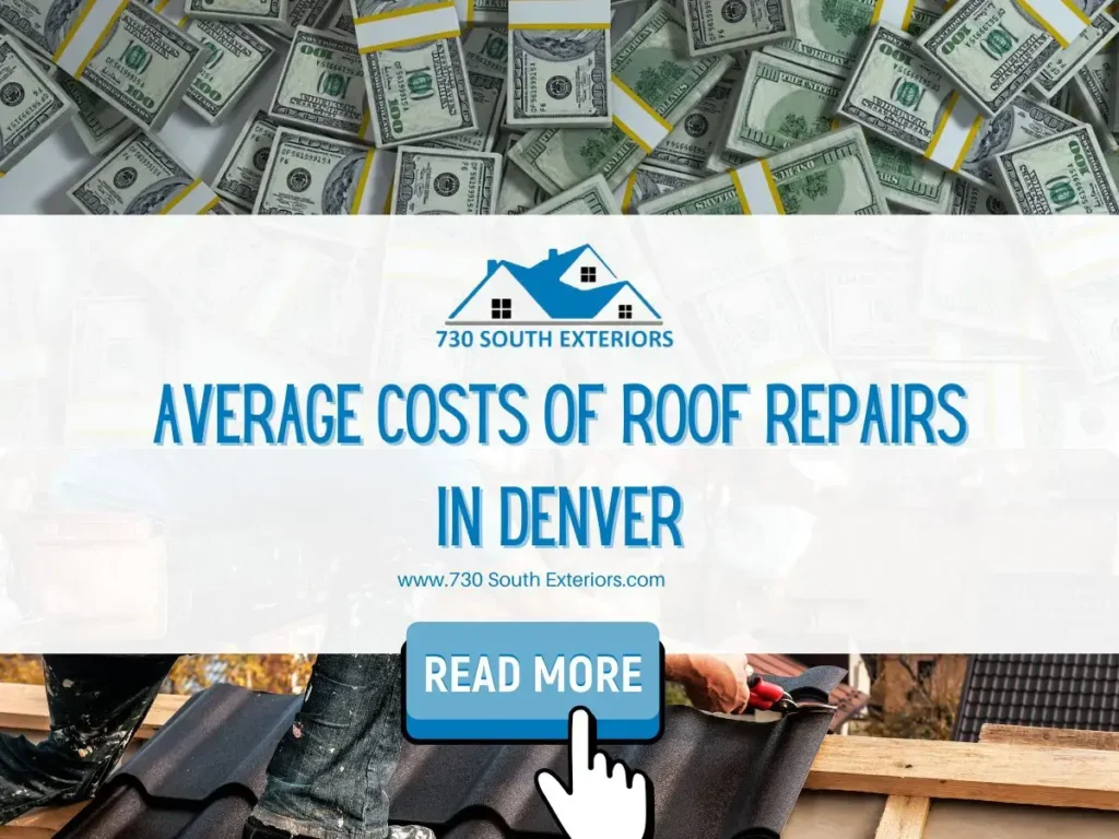Front image of a blog titled "Average costs of roof repairs in Denver " with roofers putting asphalt shingles on a roof as the background and the title displayed in elegant typography