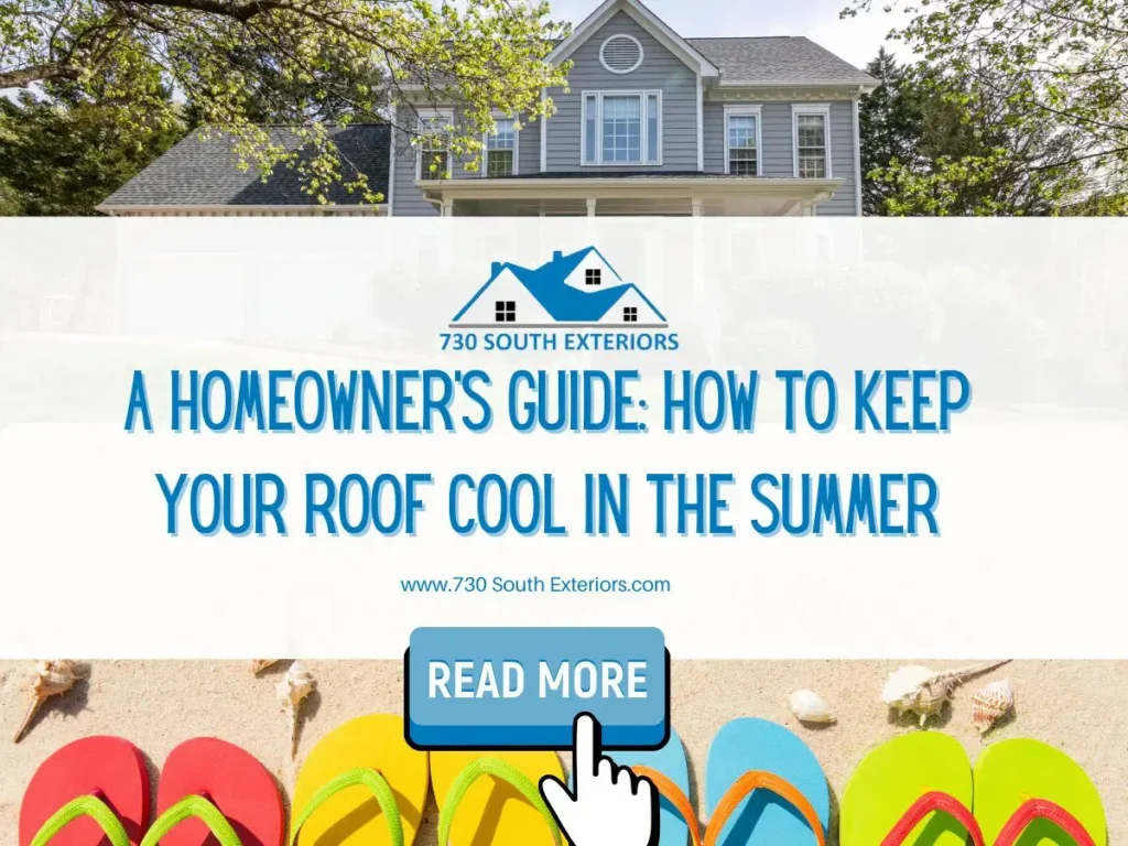 Front image of a blog titled "A homeowner's guide: How to keep your roof cool in the summer " with a house and sandals on the beach as the background and the title displayed in elegant typography