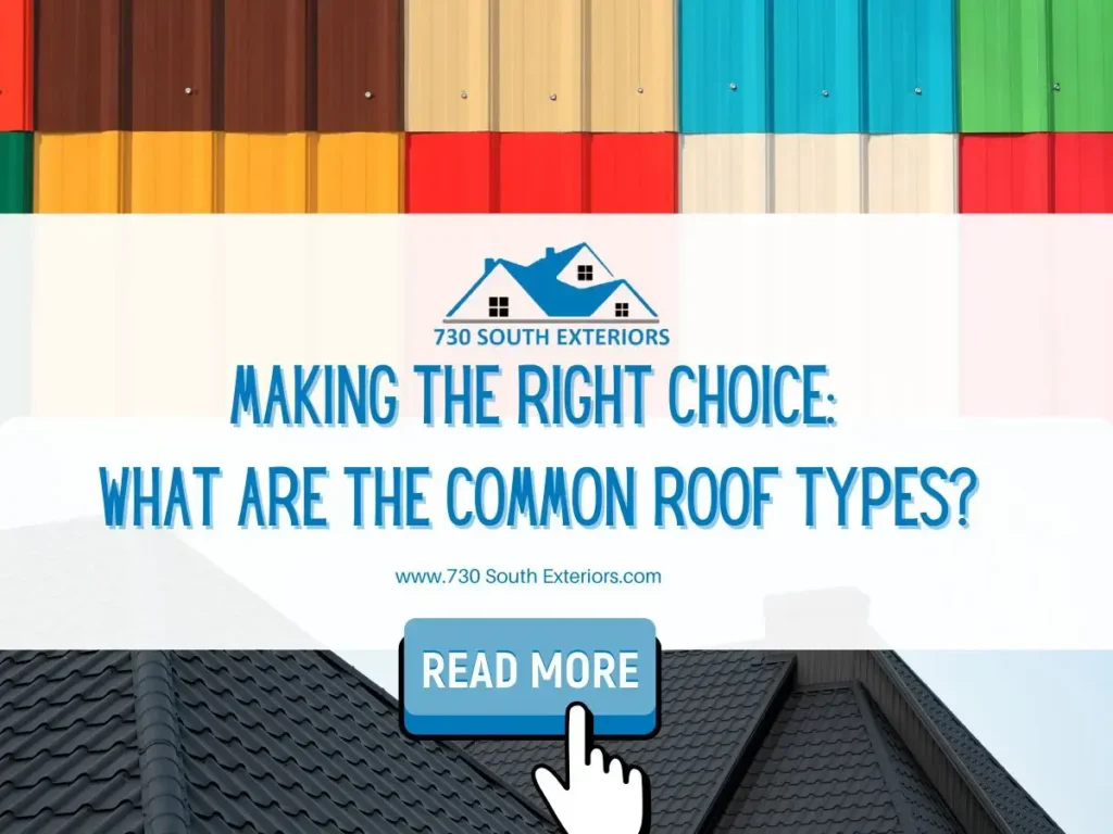 Front image of a blog titled "Making the right choice: What are common roof types? " with different roof types as the background and the title displayed in elegant typography