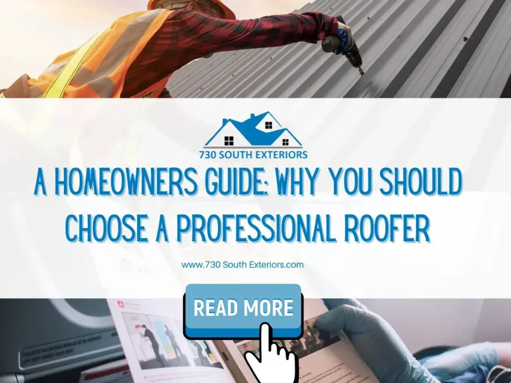 Front image of a blog titled "A homeowners guide: Why you should choose a professional roofer " with a professional roofer installing a roof and a guide as the background and the title displayed in elegant typography