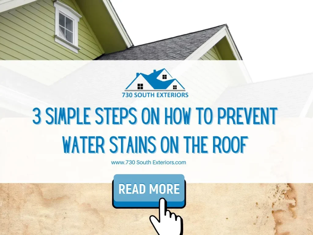 Front image of a blog titled "3 simple steps on how to prevent water stains on the roof " with a roof and water stains as the background and the title displayed in elegant typography