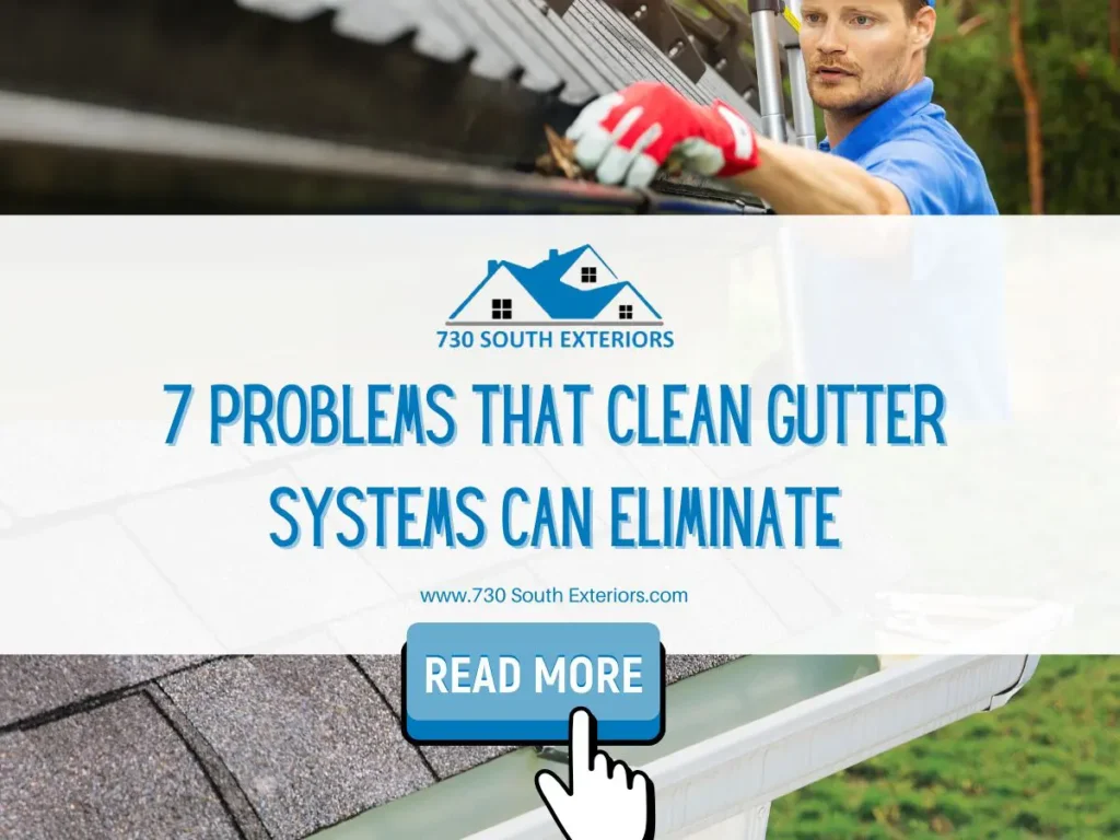 Front image of a blog titled "7 problems that gutter systems can eliminate " with roofer cleaning gutters as the background and the title displayed in elegant typography