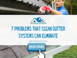 Front image of a blog titled "7 problems that gutter systems can eliminate " with roofer cleaning gutters as the background and the title displayed in elegant typography