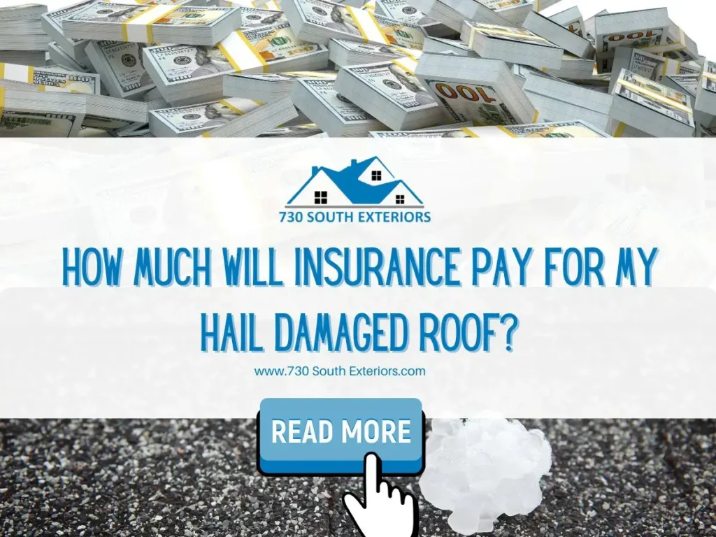 Front image of a blog titled "How much will insurance pay for my hail damaged roof? " with money and hail damaged roof as the background and the title displayed in elegant typography