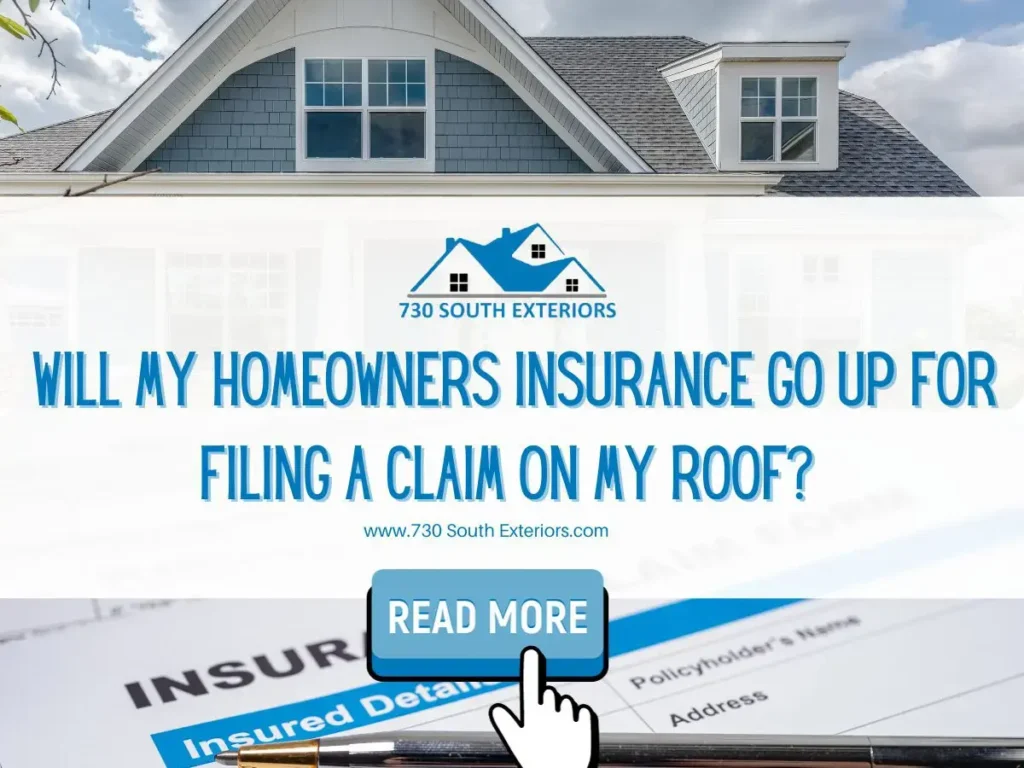 Front image of a blog titled "Will my homeowners insurance go up filing a claim on my roof " with a house and an insurance claim form as the background and the title displayed in elegant typography