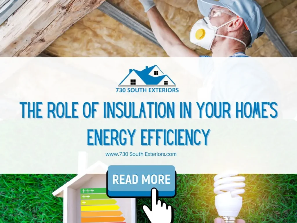 Front image of a blog titled "The Role of Insulation in Your Home's Energy Efficiency " with a roofer insulating a roof and green grass as the background and the title displayed in elegant typography