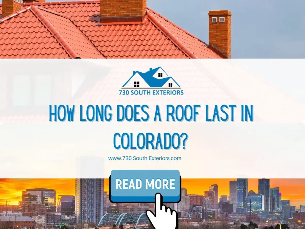 Front image of a blog titled "How long does a roof last in Colorado? " with a red tile roof and Colorado skyline as the background and the title displayed in elegant typography